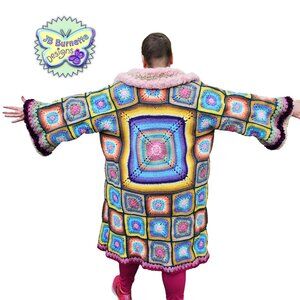 Sweater Coat with Furry Features, Handmade Crochet Granny Square Coat